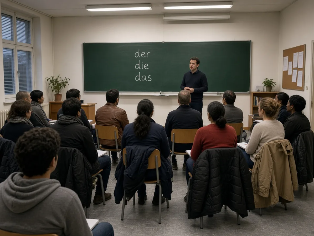 Abendlicher Deutschkurs mit rund zwanzig Erwachsenen vor einer Tafel mit Grammatiknotizen