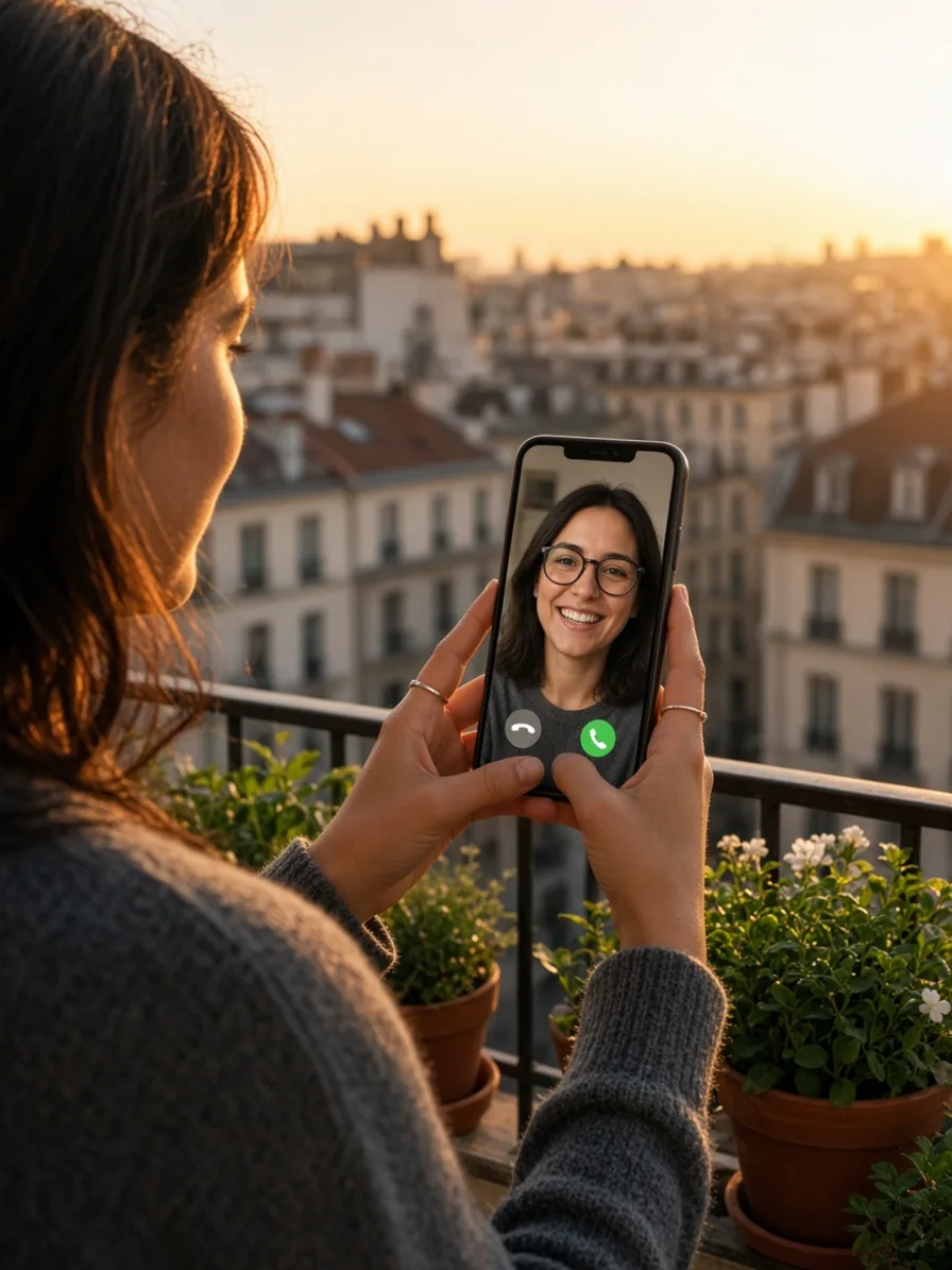Hände halten auf dem Balkon ein Smartphone mit laufendem Videogespräch mit einer Tutorin